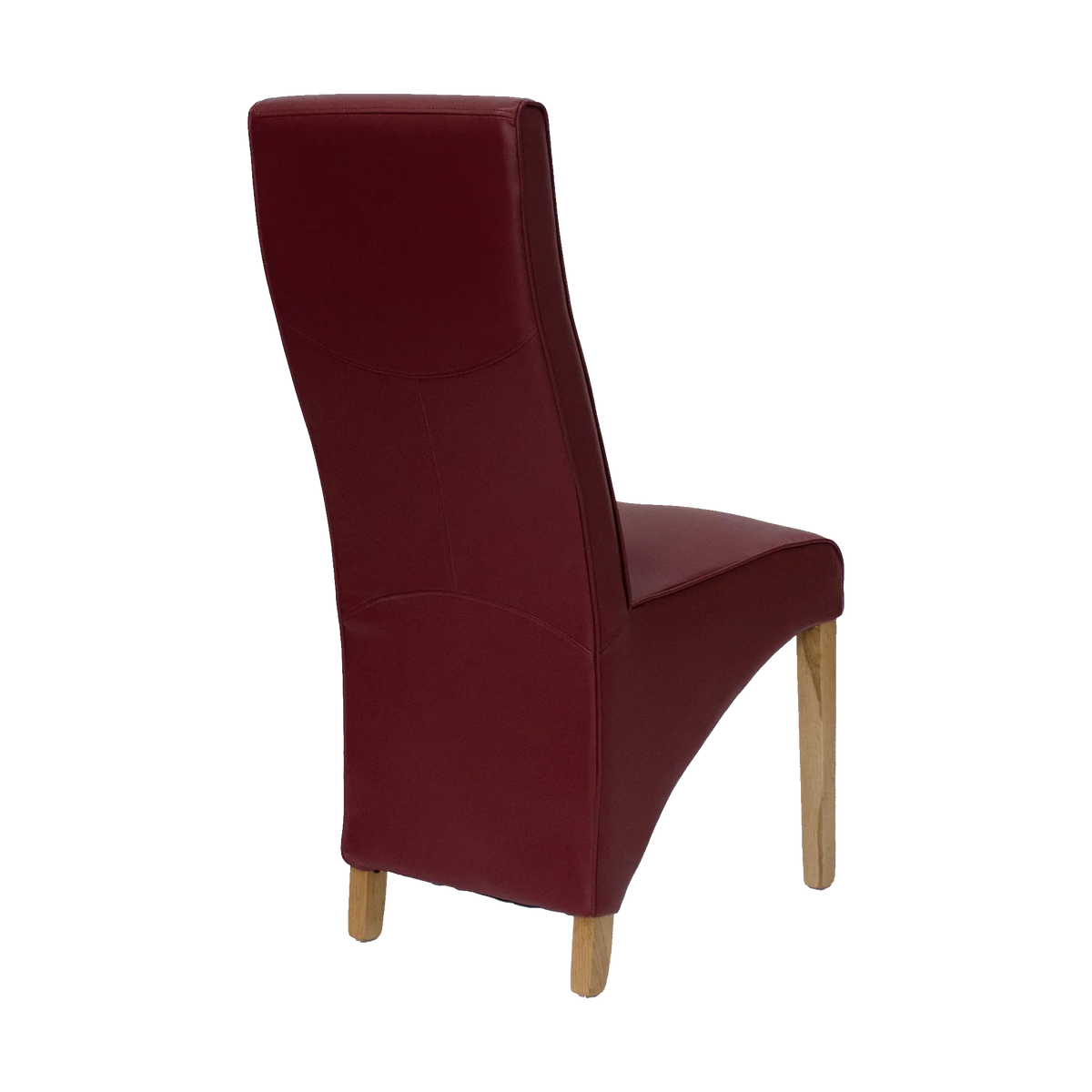 Red leather dining chair with high back and light wooden legs, rear side view