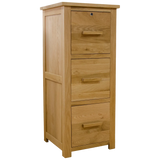 Tall oak filing cabinet with three drawers and lockable top compartment