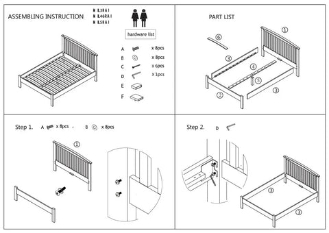Wooden bed frame assembly instructions with part list and hardware details