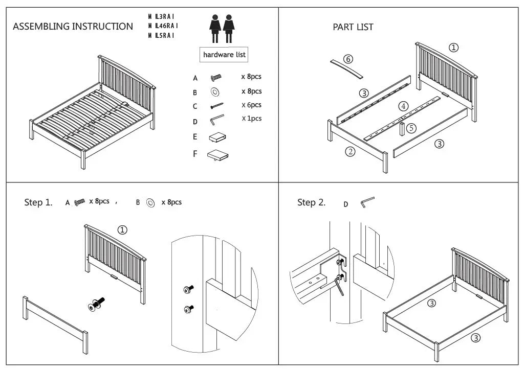 Wooden bed frame assembly instructions with part list and hardware details
