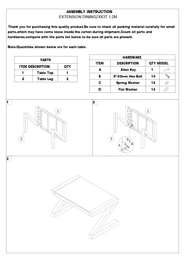 Extension dining table assembly instructions with labeled parts and step-by-step diagrams