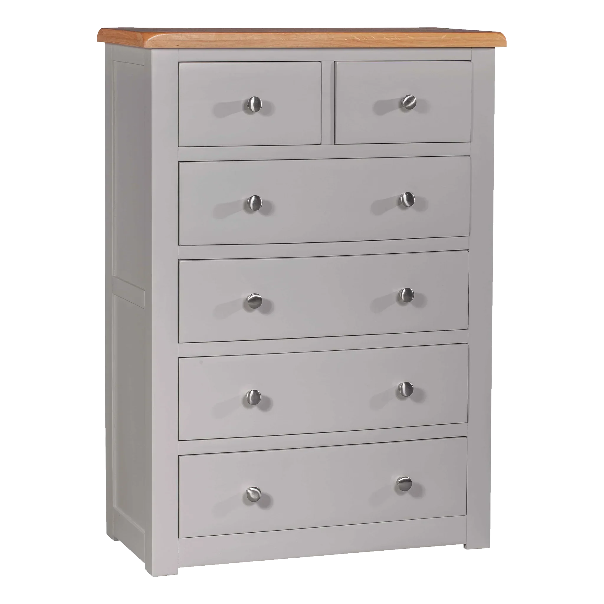 Grey chest of drawers with six drawers and oak wood top, modern bedroom furniture