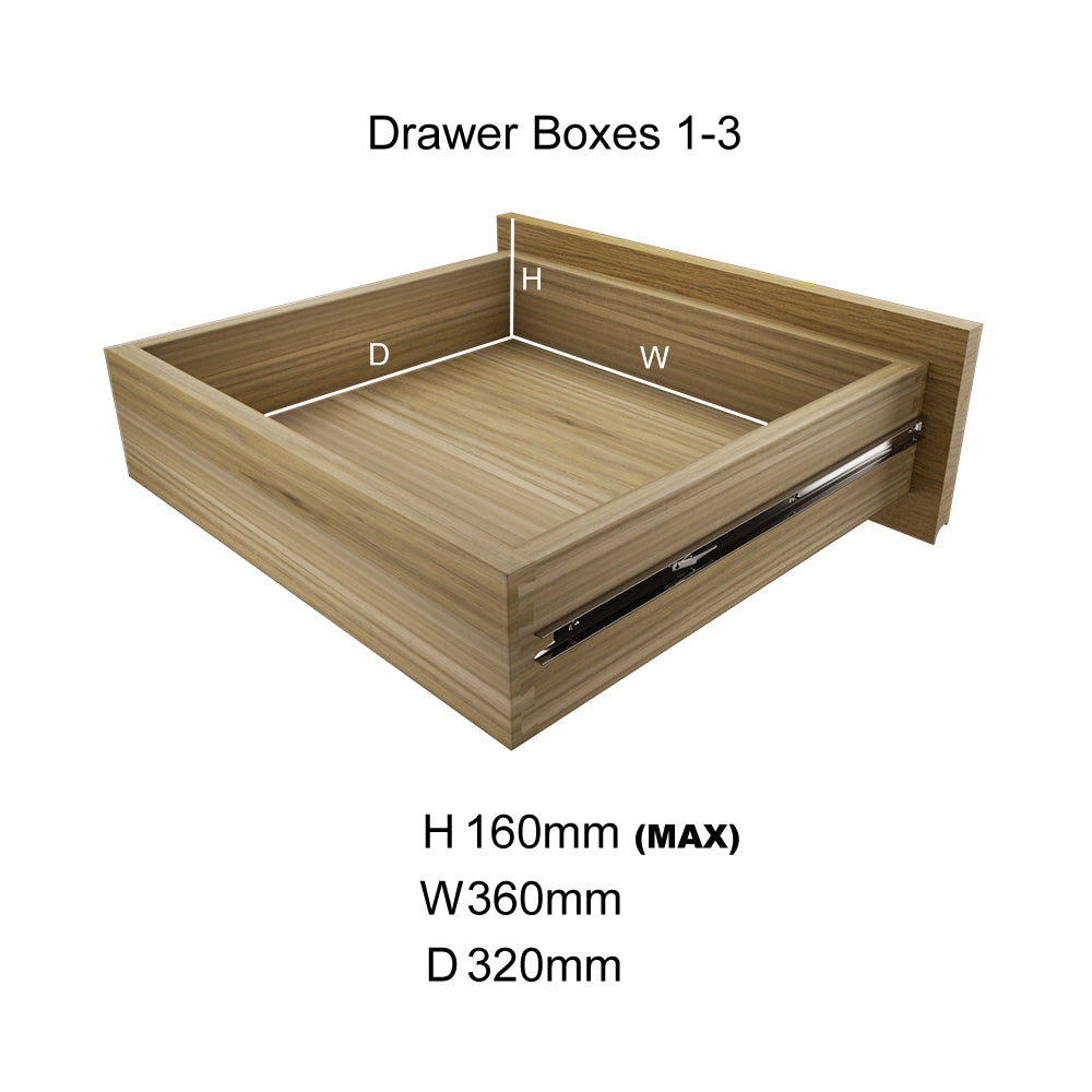 Wooden drawer box with side runners, labelled dimensions H160mm W360mm D320mm