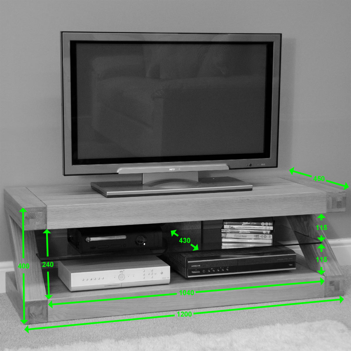 Oak TV unit with open shelf, electronic devices, media storage and visible dimension lines