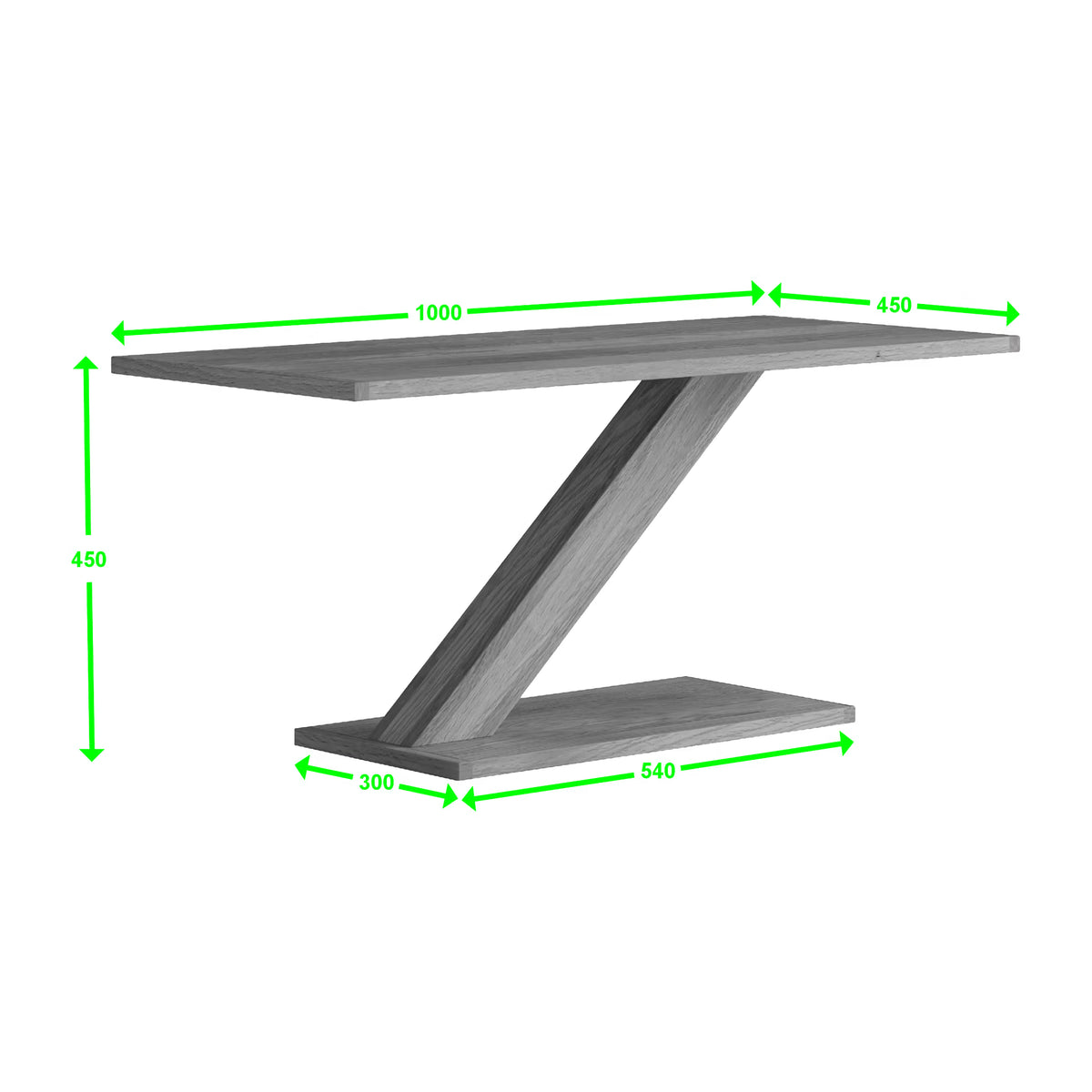 Modern Z shaped coffee table in grey wood finish with visible dimensions marked in green