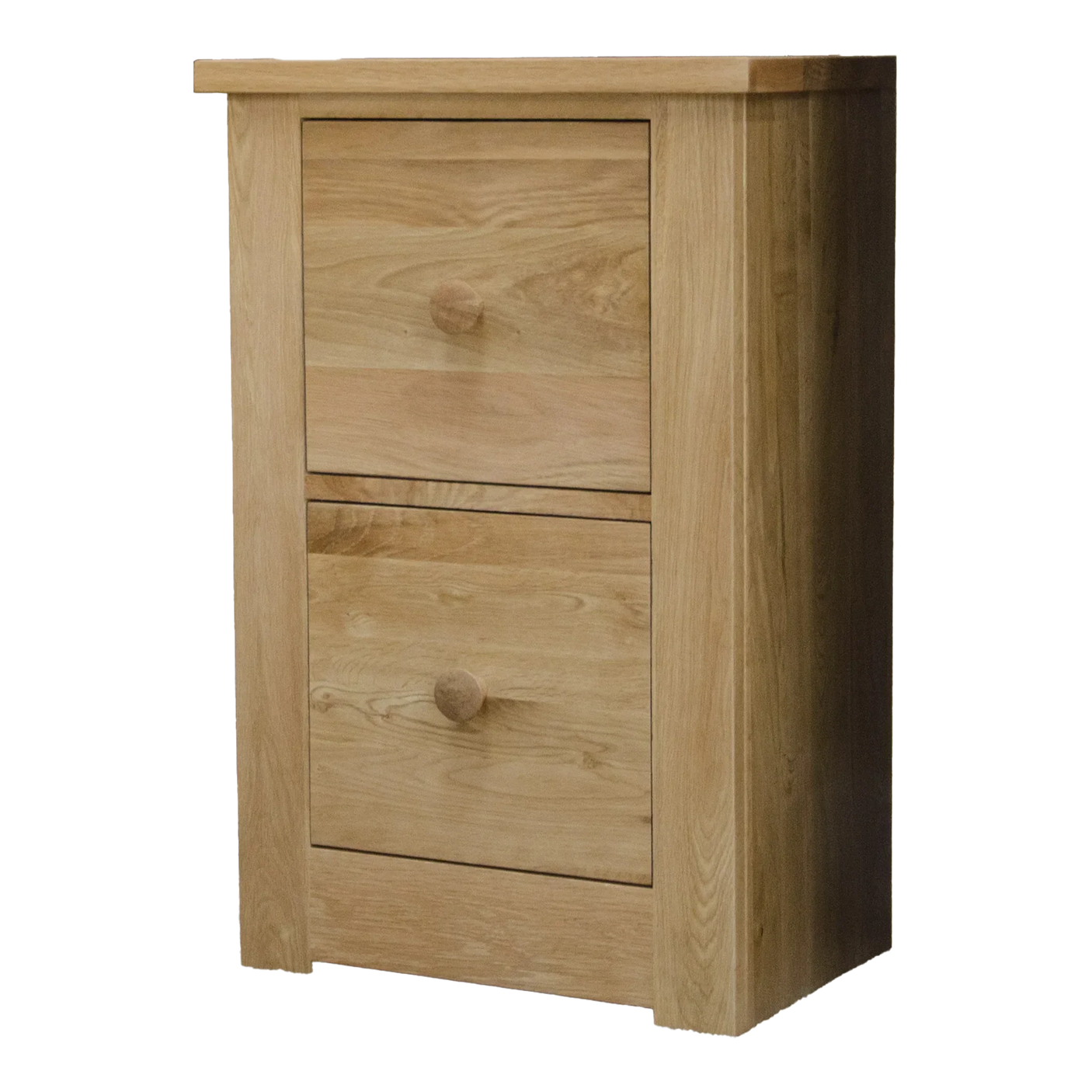 Oak bedside cabinet with two drawers and round wooden handles
