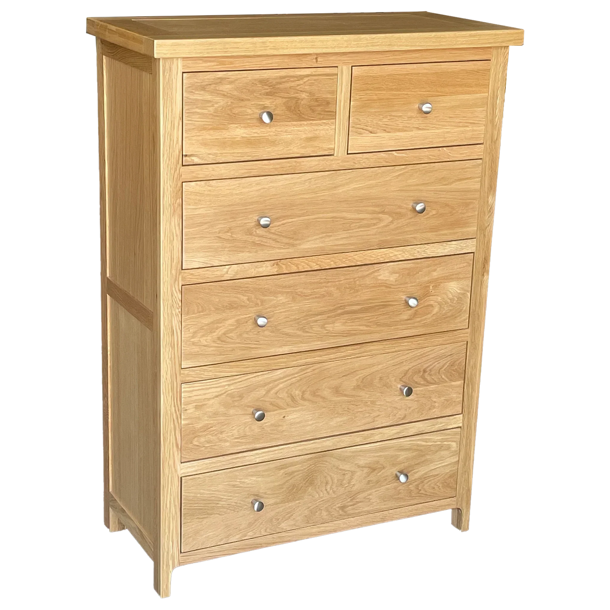 Oak chest of drawers with six drawers and metal handles, shown from front left angle