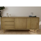 Oak sideboard with three drawers, two doors, and decorative vases in a modern living room