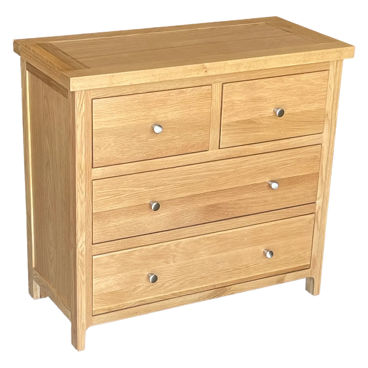 Oak chest of drawers with four drawers and silver handles, natural wood finish
