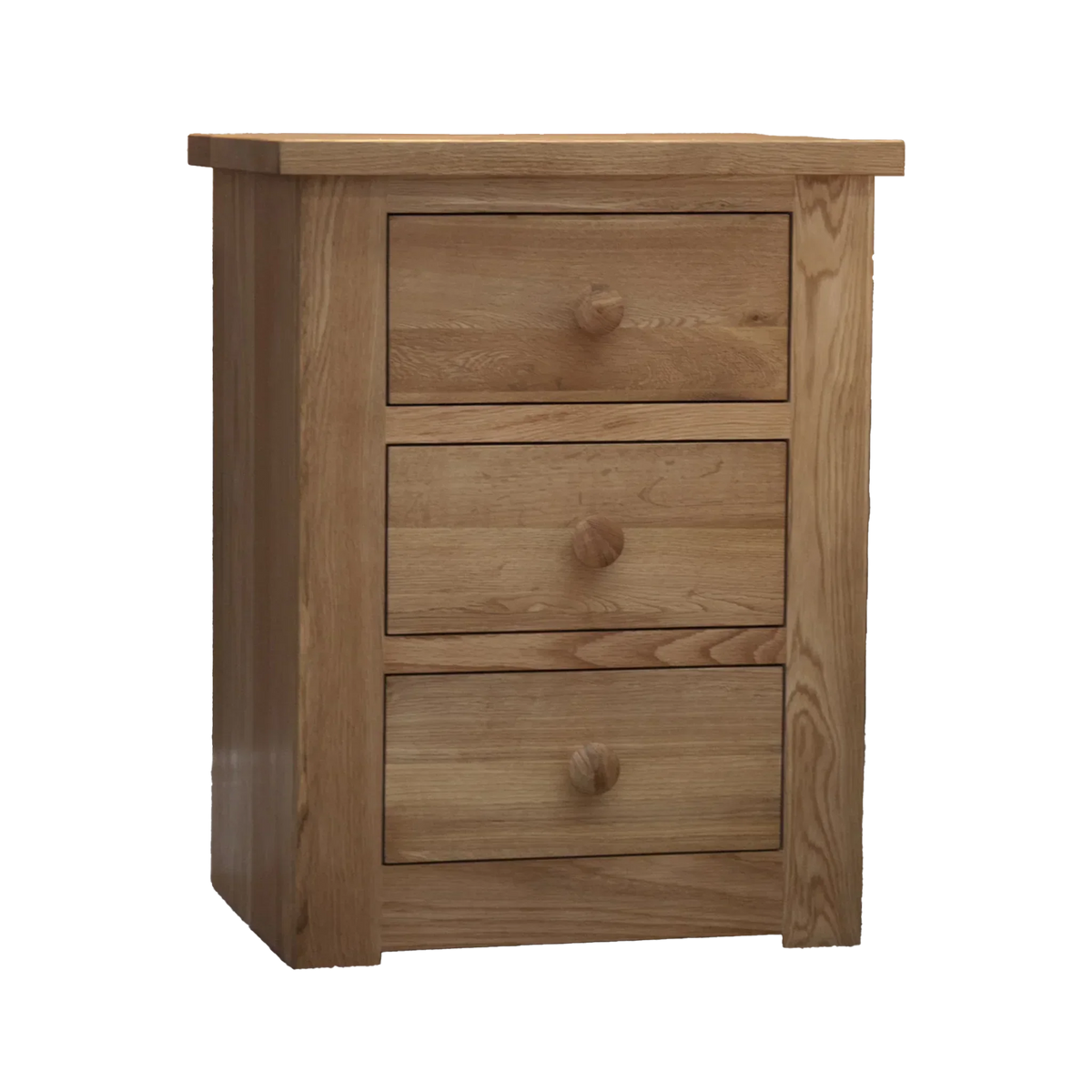 Oak bedside cabinet with three drawers and wooden handles, shown from the front