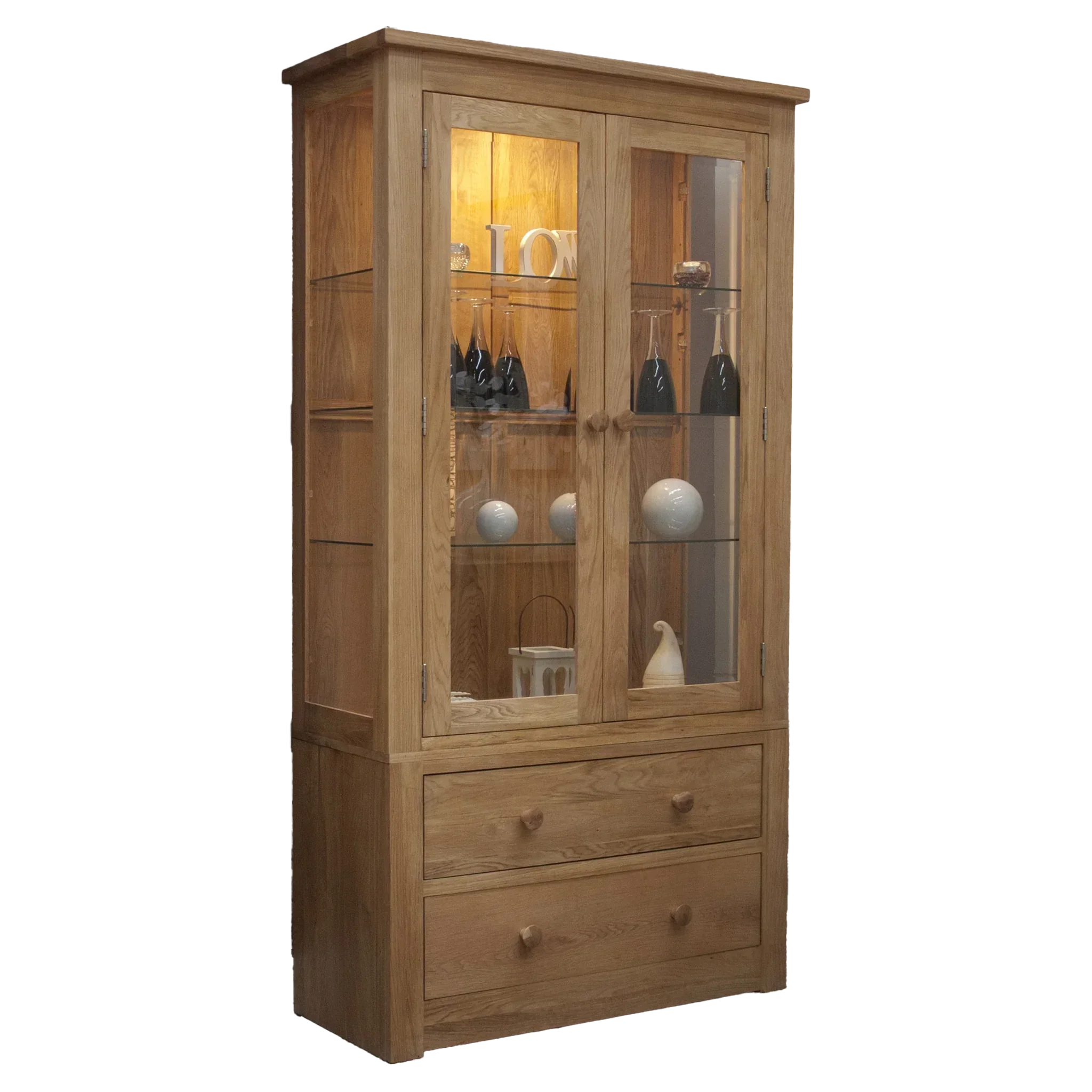 Wooden display cabinet with glass doors, shelves and two lower drawers