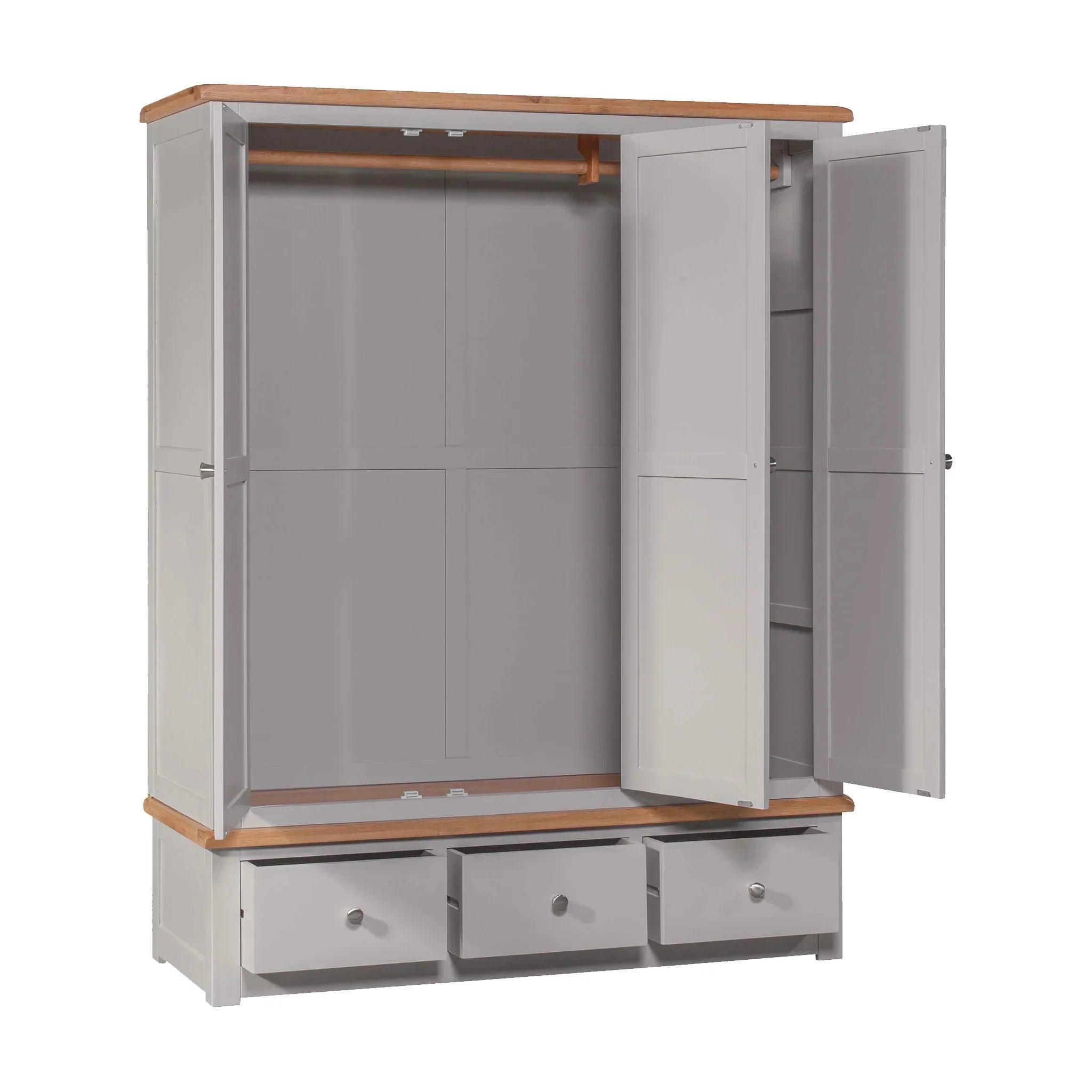 Grey wooden wardrobe with three bottom drawers and open doors revealing hanging rail