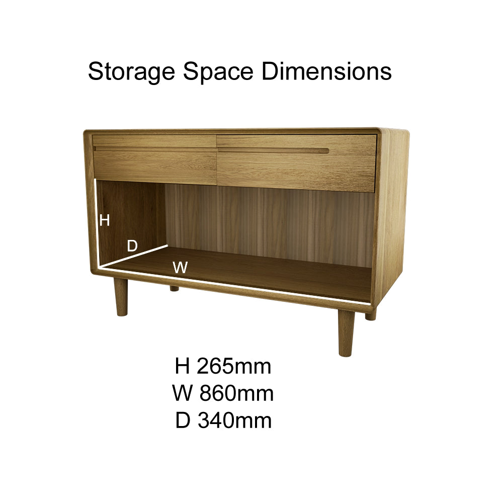 Wooden sideboard with open shelf storage, labeled dimensions H 265mm W 860mm D 340mm