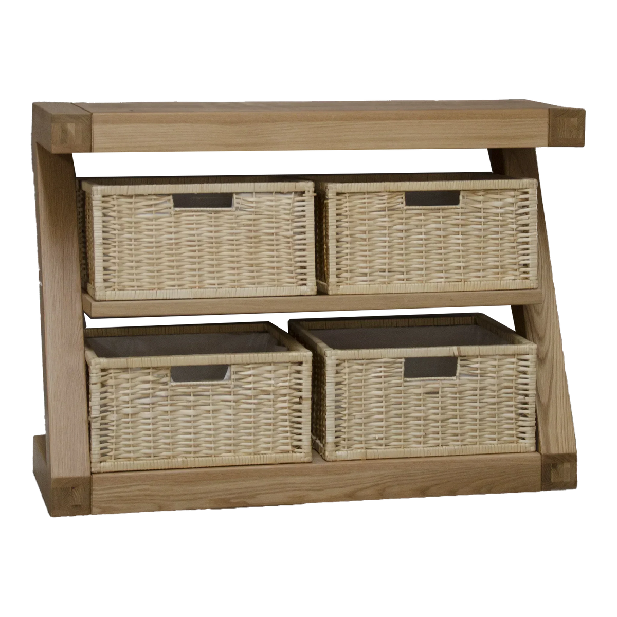 Oak storage unit with four wicker baskets and open shelf design