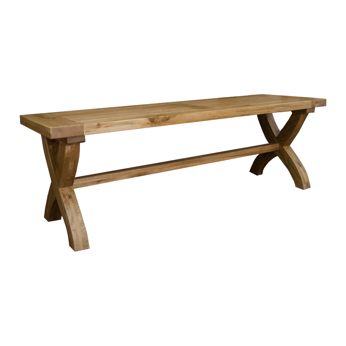 Solid wood dining bench with crossed legs in natural finish