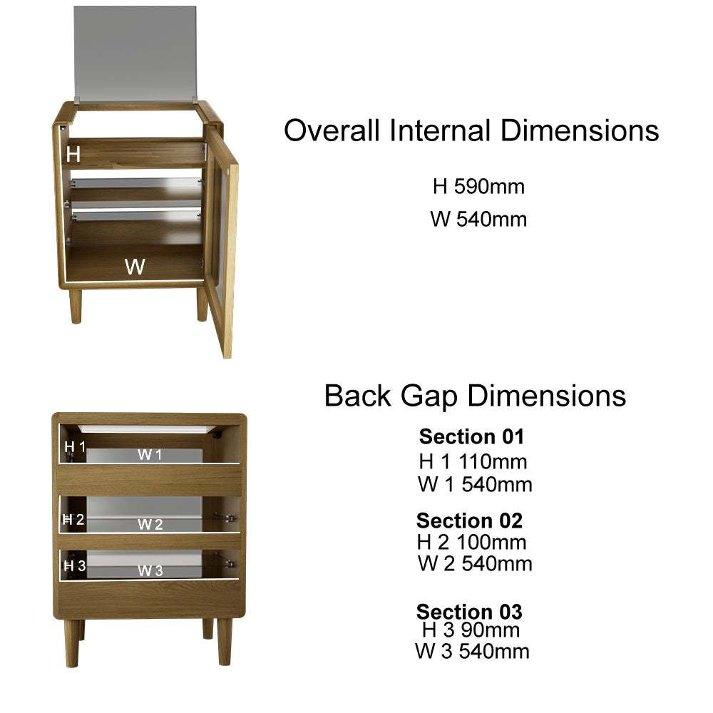 Wooden sideboard cabinet with open door, showing internal dimensions and shelf measurements