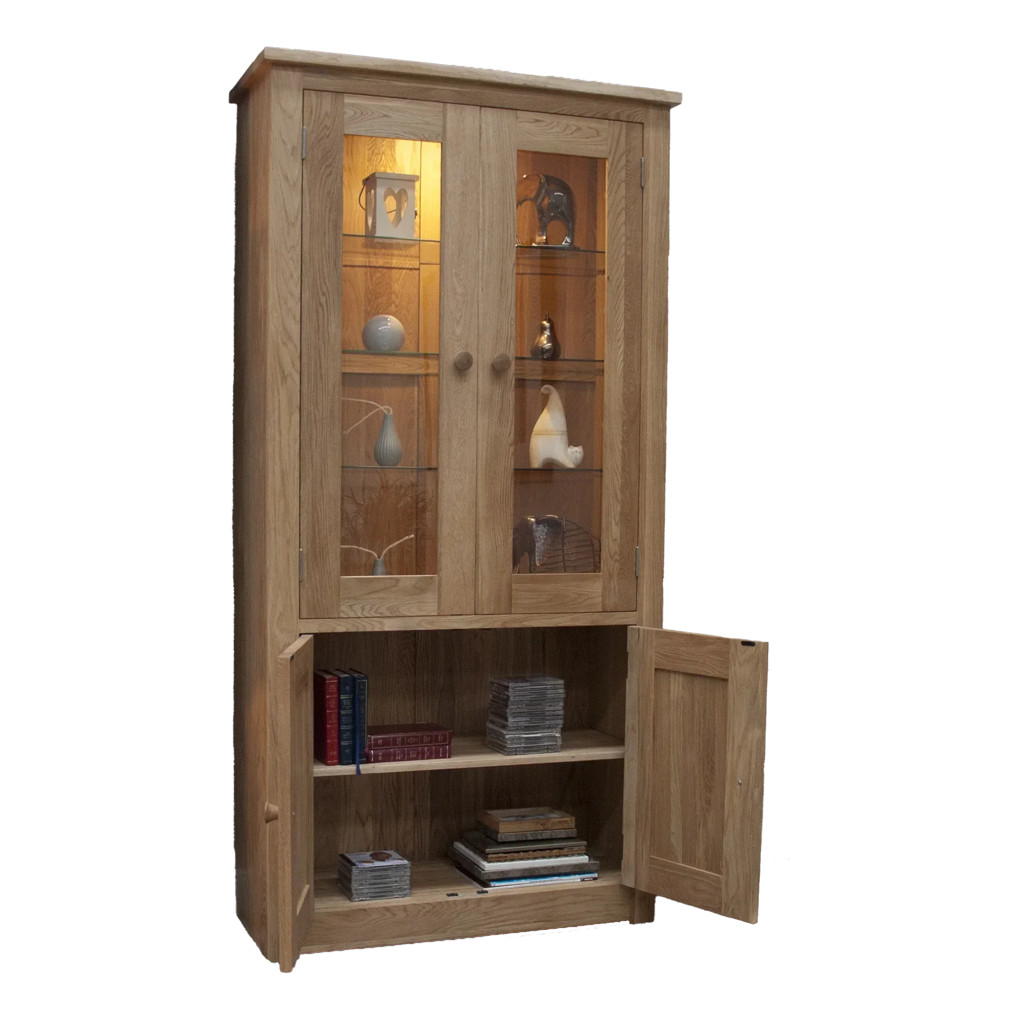 Oak display cabinet with glass doors, interior lighting, and lower storage shelves