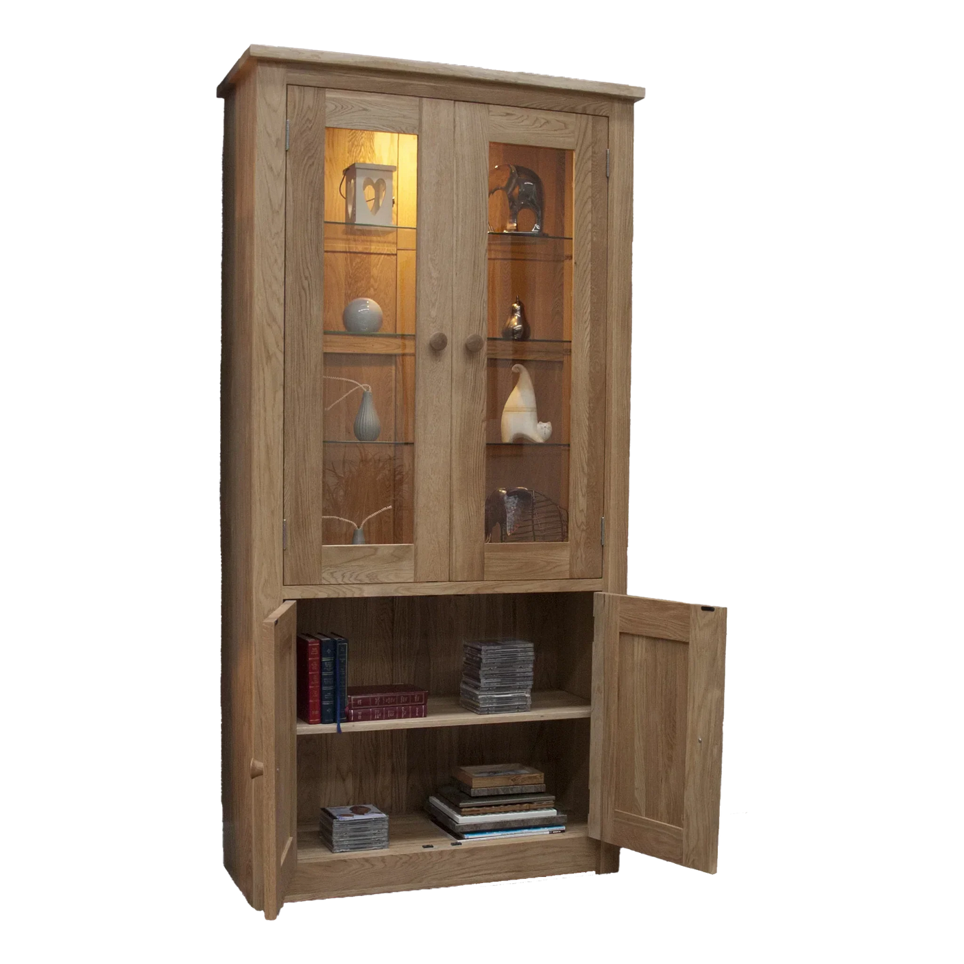 Oak display cabinet with glass doors, interior lighting, and lower storage shelves