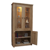 Oak display cabinet with glass doors, interior lighting, and lower storage shelves