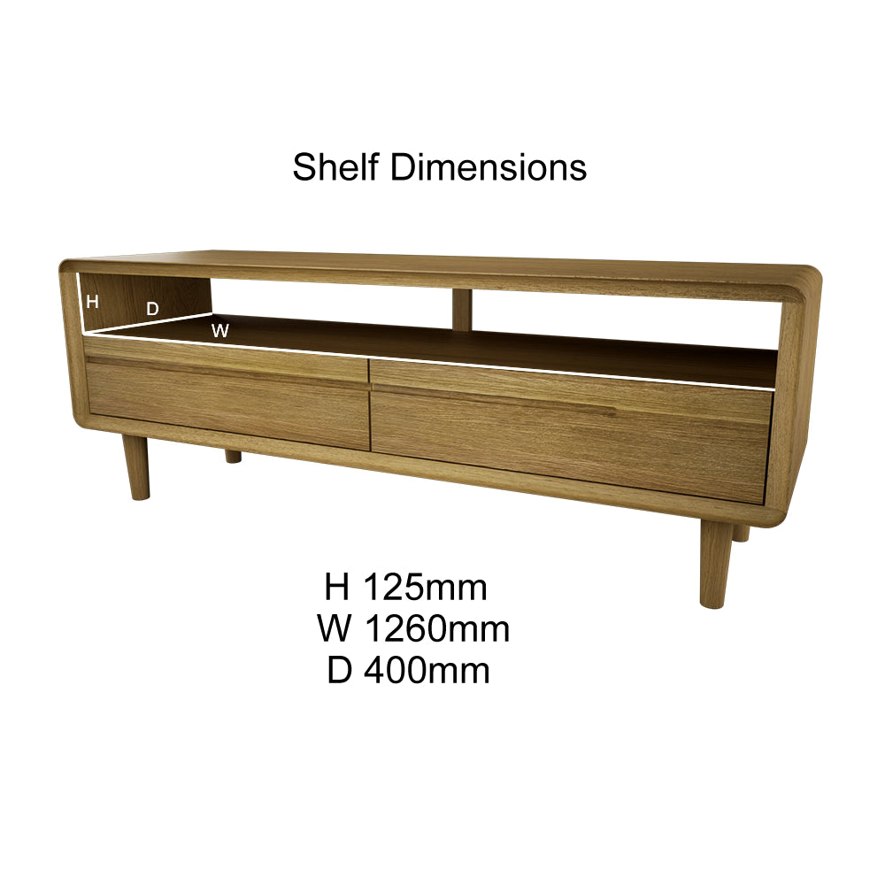 Oak TV stand with open shelf and two drawers, shelf dimensions labeled H 125mm W 1260mm D 400mm