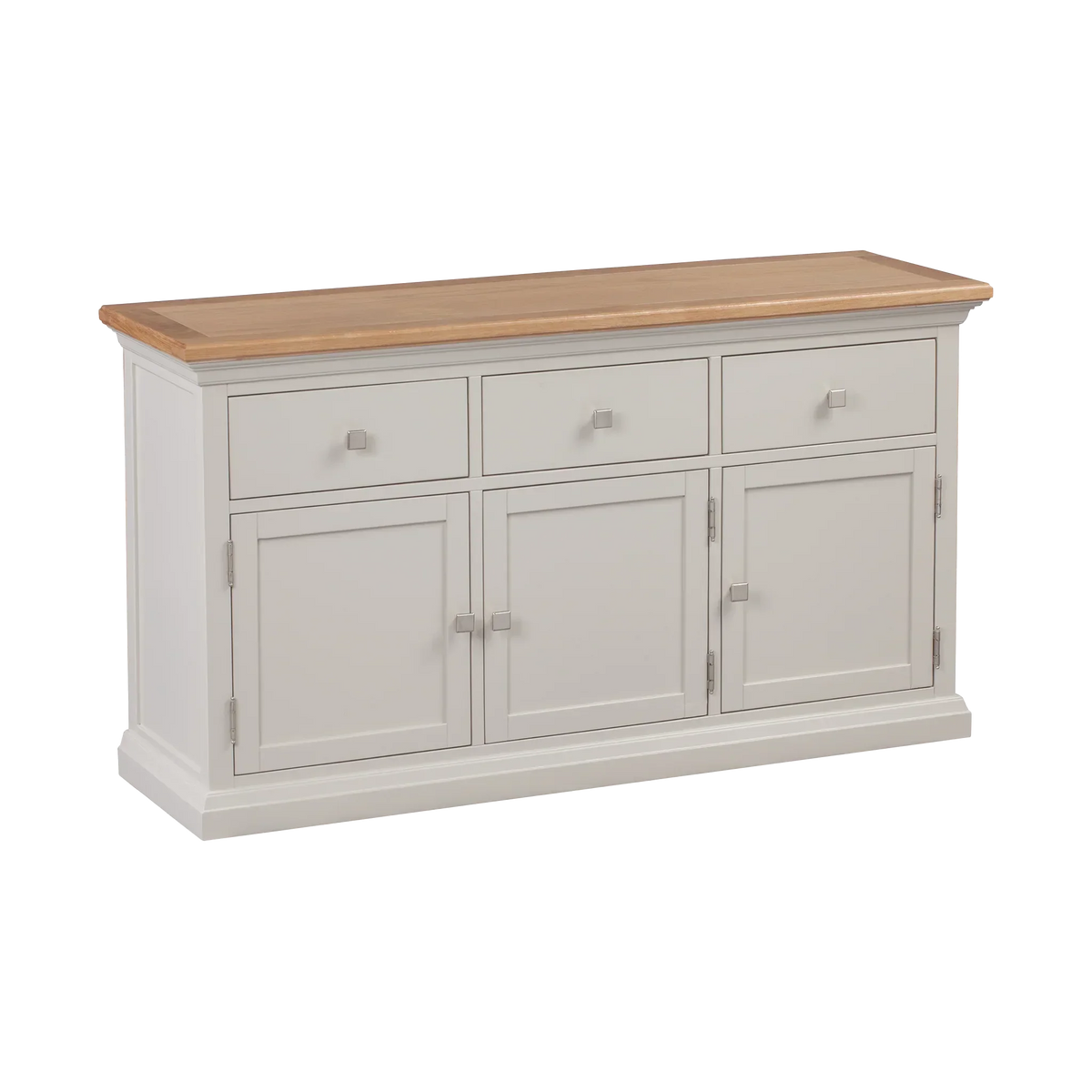 Three door sideboard with light wood top and white finish, featuring three drawers