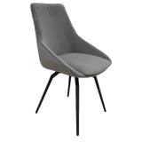 Grey velvet dining chair with black metal legs, angled side view