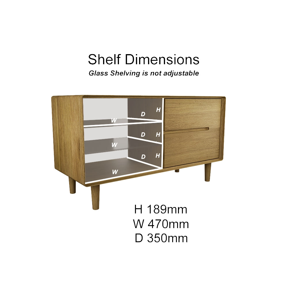 Wooden sideboard with glass shelving, labeled shelf dimensions and sliding door compartments
