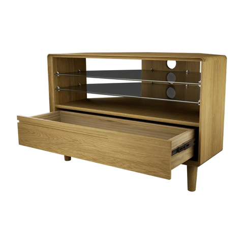 Oak TV unit with open glass shelves and large pull-out storage drawer