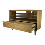 Oak TV unit with open glass shelves and large pull-out storage drawer