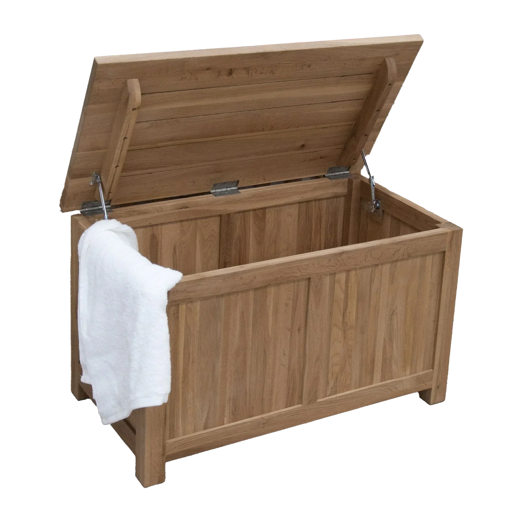 Oak storage chest with hinged lid open and white towel draped over the side