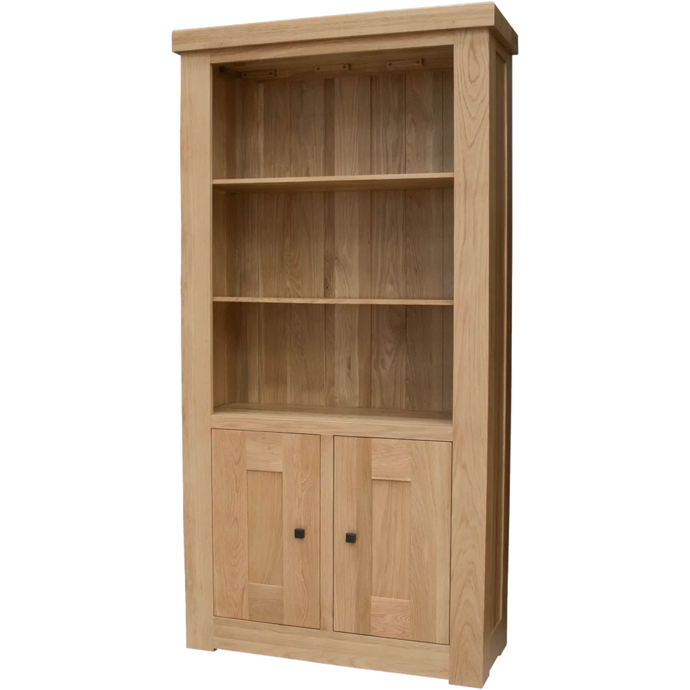 Oak bookcase with two shelves and storage cupboard, natural finish, front view