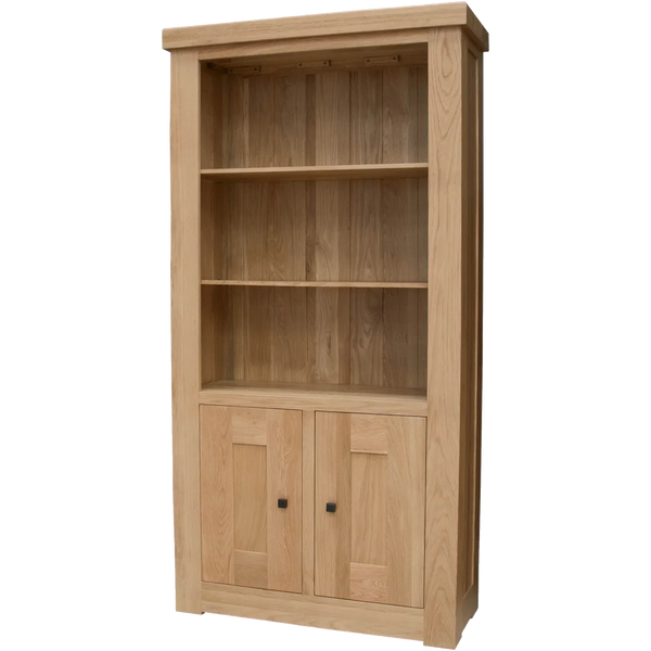 Oak bookcase with two shelves and storage cupboard, natural finish, front view