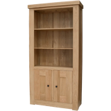 Oak bookcase with two shelves and storage cupboard, natural finish, front view