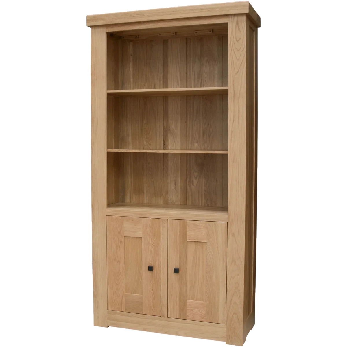 Oak bookcase with two shelves and storage cupboard, natural finish, front view