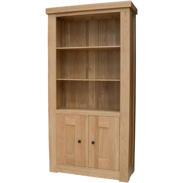 Oak bookcase with two shelves and storage cupboard, natural finish, front view