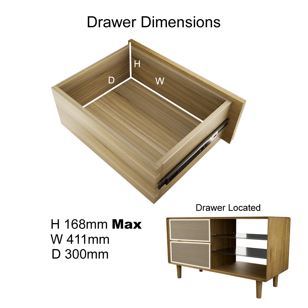 Wooden drawer unit with dimensions labeled, shown open next to sideboard frame