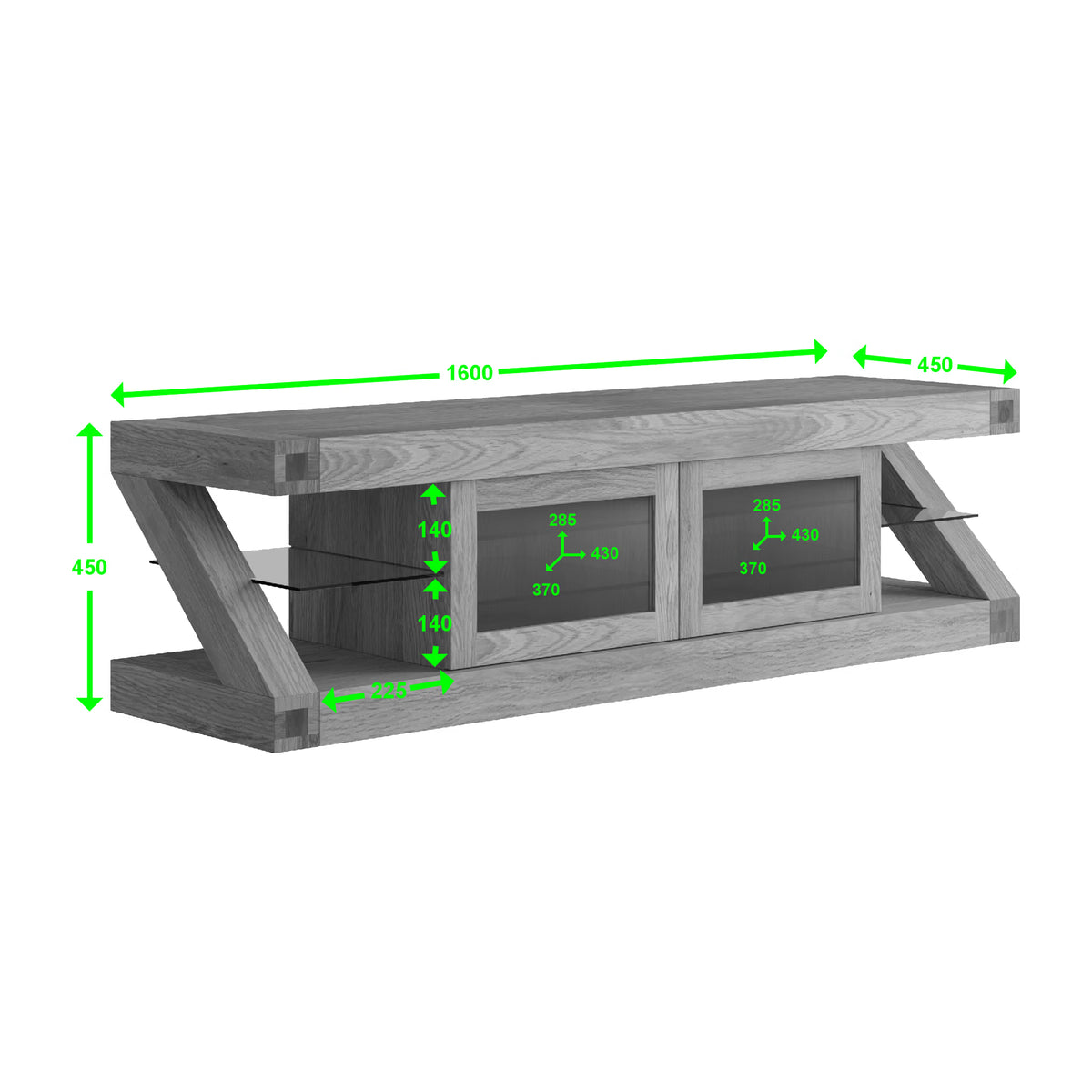 Oak TV unit with glass doors, angled supports and green dimension measurements displayed