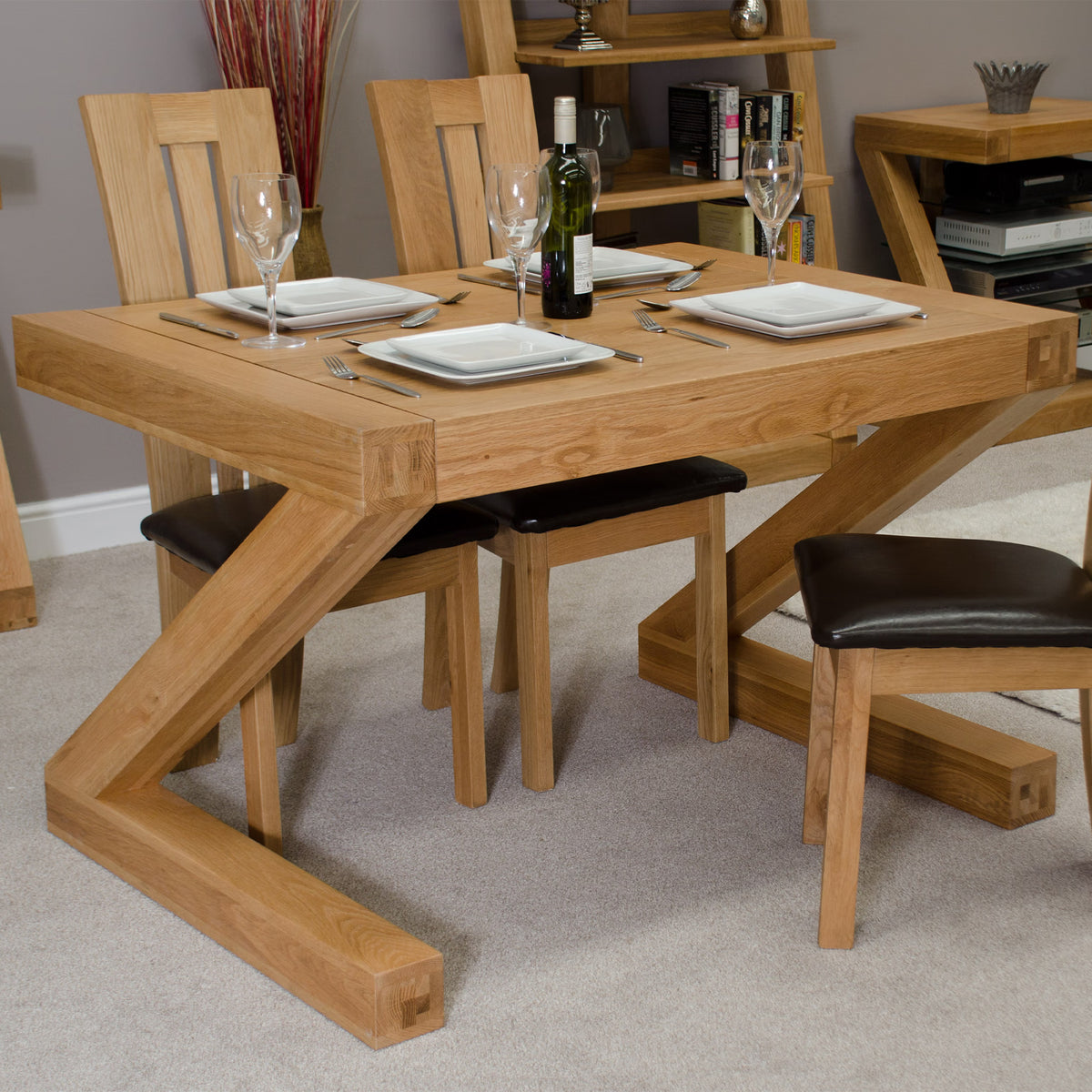 Oak dining table set with four chairs, set for dinner, Z-shaped legs, modern style