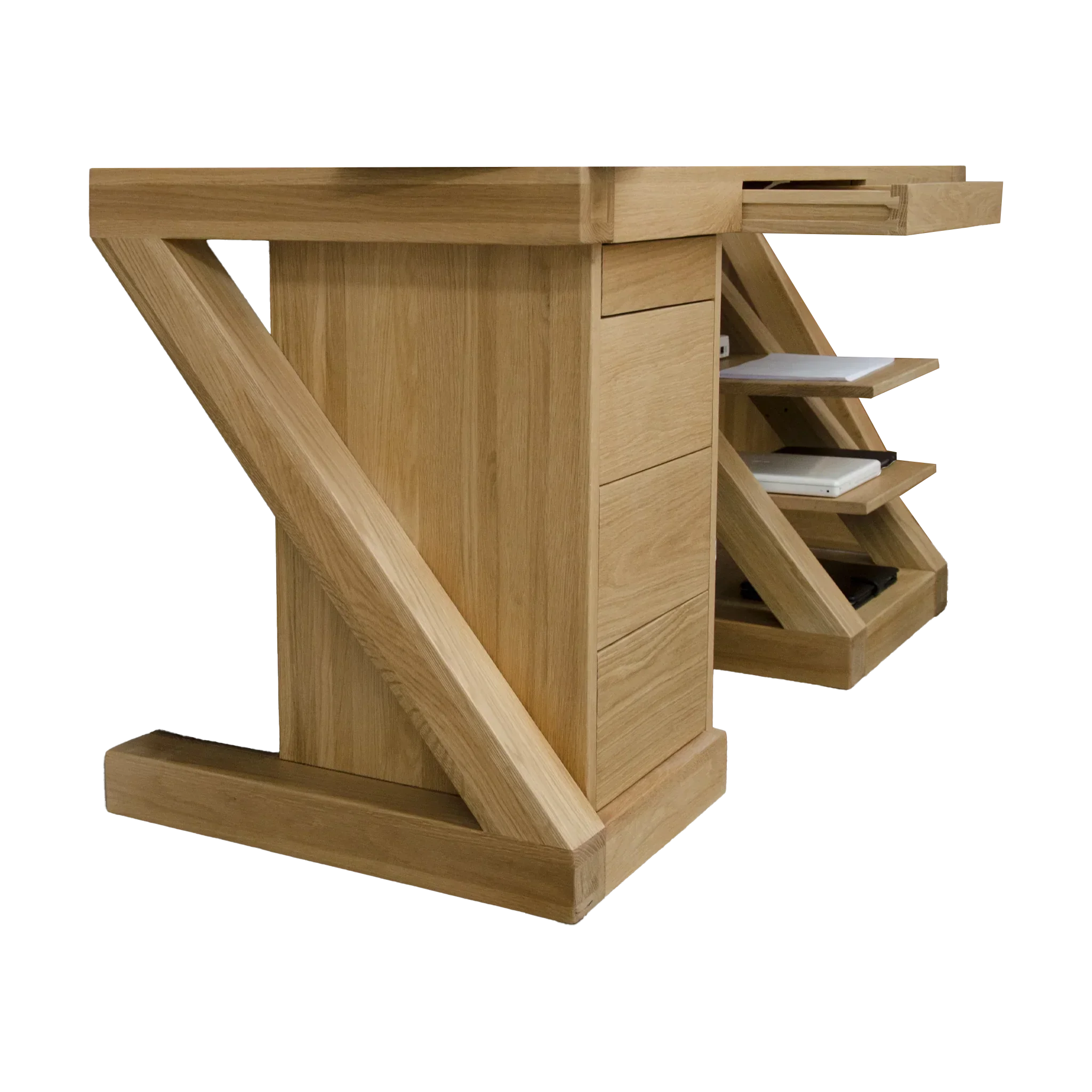 oak wooden desk with side storage drawers and shelves, modern cross-leg design