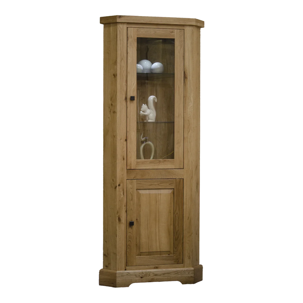 Oak corner display cabinet with glass door and shelves, wooden lower storage door