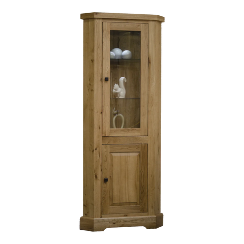 Oak corner display cabinet with glass door and shelves, wooden lower storage door