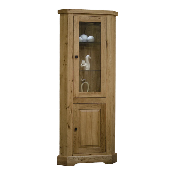 Oak corner display cabinet with glass door and shelves, wooden lower storage door
