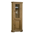 Oak corner display cabinet with glass door and shelves, wooden lower storage door