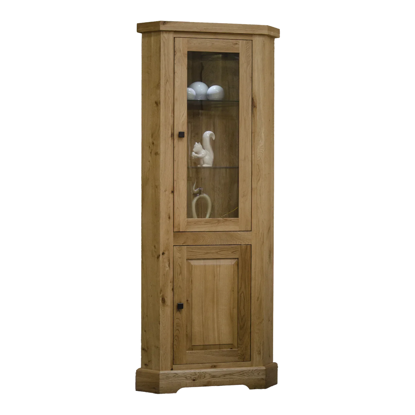Oak corner display cabinet with glass door and shelves, wooden lower storage door