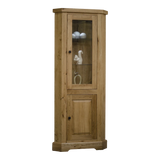 Oak corner display cabinet with glass door and shelves, wooden lower storage door