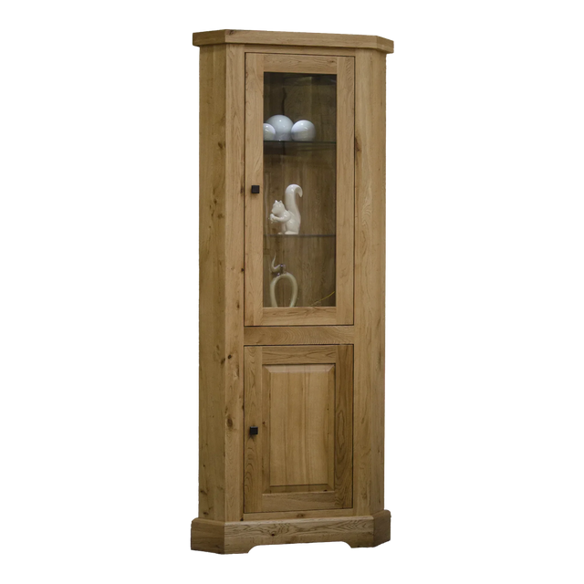 Oak corner display cabinet with glass door and shelves, wooden lower storage door