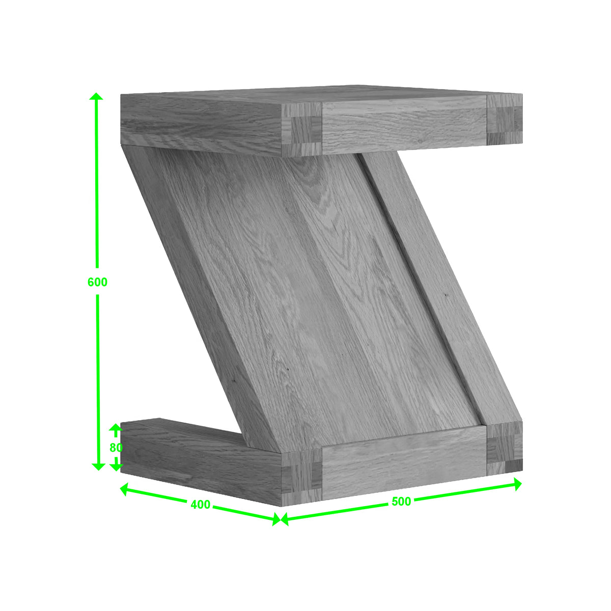Oak side table with Z-shaped frame, wood grain finish, and green measurement lines