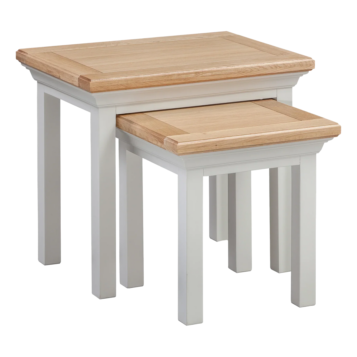 Oak and white painted nesting tables set with square tops and straight legs