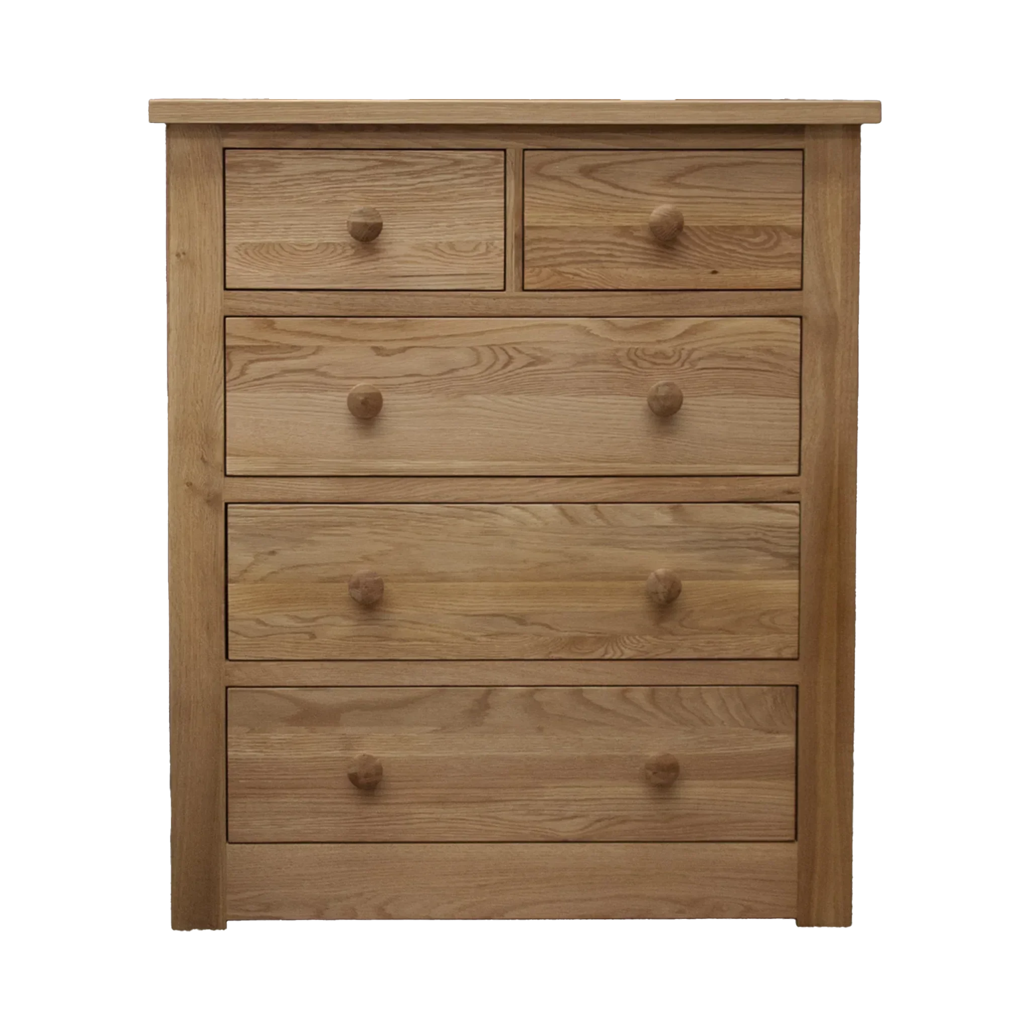 Oak chest of drawers with five wooden knobs and natural grain finish, front view
