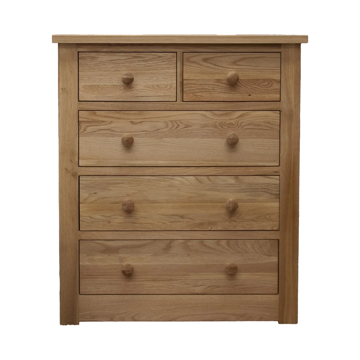 Oak chest of drawers with five wooden knobs and natural grain finish, front view